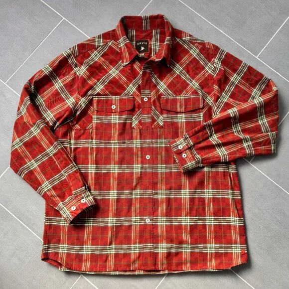 Orvis Heavyweight Orange Green Plaid Field Flannel Button Down Shirt Large - Picture 6 of 10